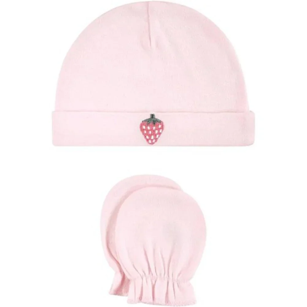Baby Strawberry Pink Unisex Baby‎ Cotton Cap and Scratch Mitten Set for Girls